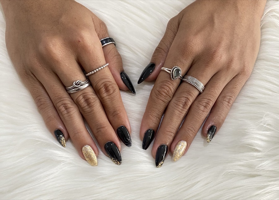 Black almond gel nails with gold foil — nail studio Denpasar, Bali