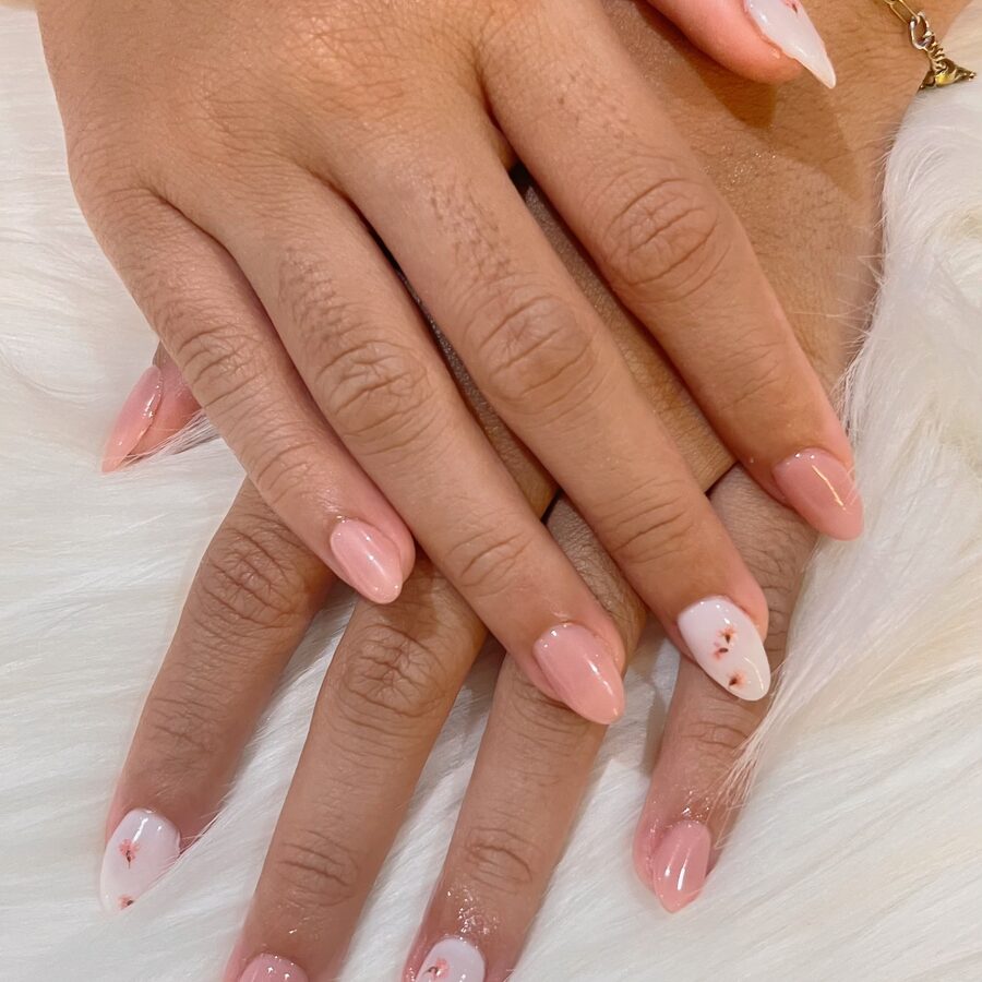 Nude gel manicure with hand painted floral accent nails, Bali nail salon