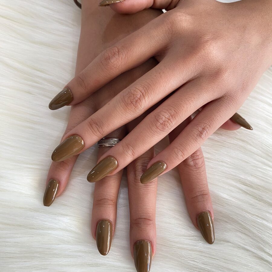 Olive brown gel manicure done at Top Nail Studio, a nail salon in Denpasar, Bali