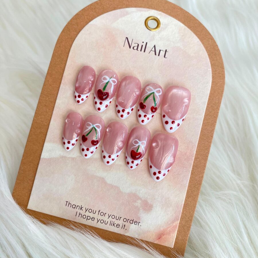 Custom press on nail set with cherry design, Top Nail Studio Bali