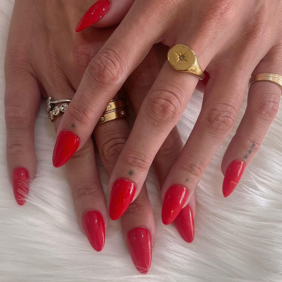 Red almond gel nails, nail salon in Denpasar Bali